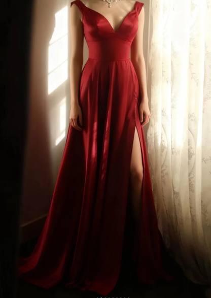 Fashion V Neck Burgundy Satin Mermaid Slit Evening Dress Formal Prom Gown SP669