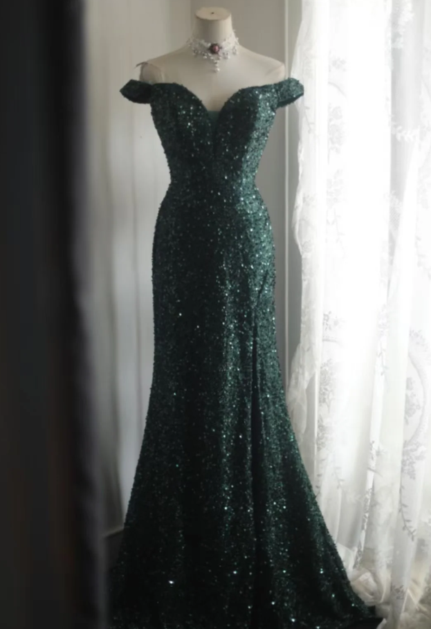 Vintage Off The Shoulder Green Sequin Slit Mermaid Wedding Guest Dress Long Party Dress SP1261