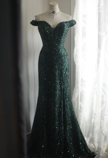 Vintage Off The Shoulder Green Sequin Slit Mermaid Wedding Guest Dress Long Party Dress SP1261