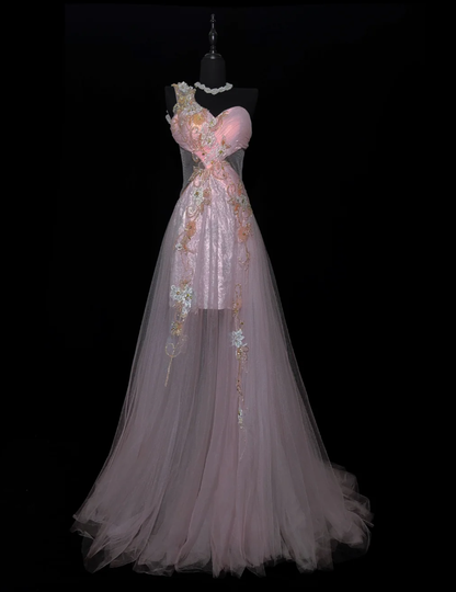 Beautiful One Shoulder Pink Tulle Lace Appliques Beaded Mermaid Prom Gown Long Evening Dress SP479