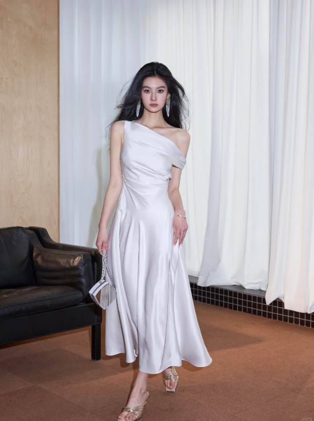 Classy White Satin Slit A Line Long Evening Dress Off The Shoulder Birthday Dress SP2088