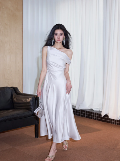Classy White Satin Slit A Line Long Evening Dress Off The Shoulder Birthday Dress SP2088