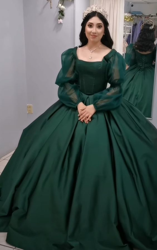 Vintage Green Long Sleeves Ball Gown,18th Birthday Outfit Y7167