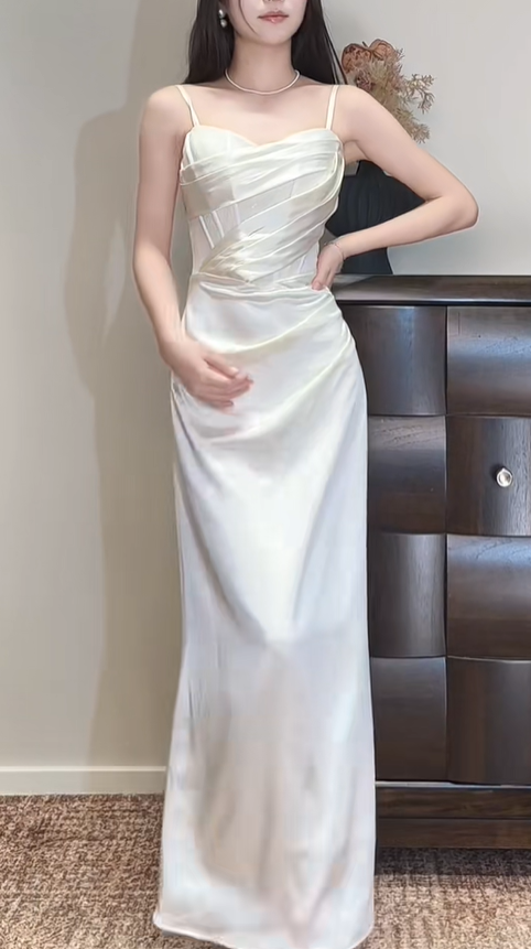 Simple Spaghetti Straps Ivory White Satin Pleated Long Bridesmaid Dress Wedding Guest Dress SP424