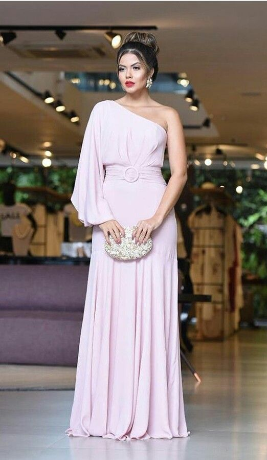 Elegant Pink One Sleeve Long Prom Dress,Pink Wedding Guest Outfit  Y7054