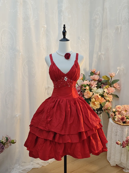 Vintage Spaghetti Straps Satin layered Beaded A Line Cocktail Dress,Red Short 7th Grade Homecoming Dress SP2708
