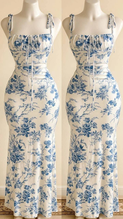 Chic Blue Satin Print Floral Mermaid Long Party Dress Birthday Prom Dress SP971