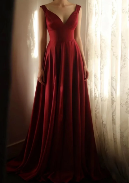 Fashion V Neck Burgundy Satin Mermaid Slit Evening Dress Formal Prom Gown SP669