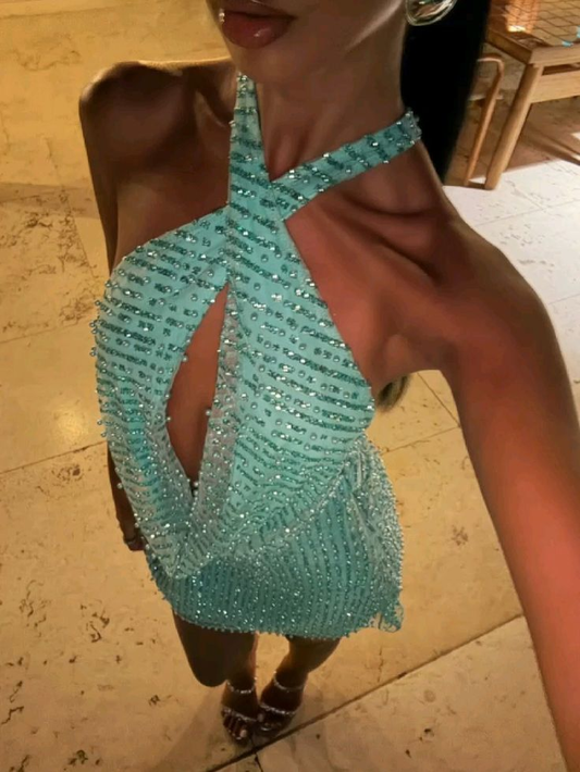 Sexy Halter Green tulle Sequin Beaded Short Cocktail Dress Formal Graduation Homecoming Dress Y9945