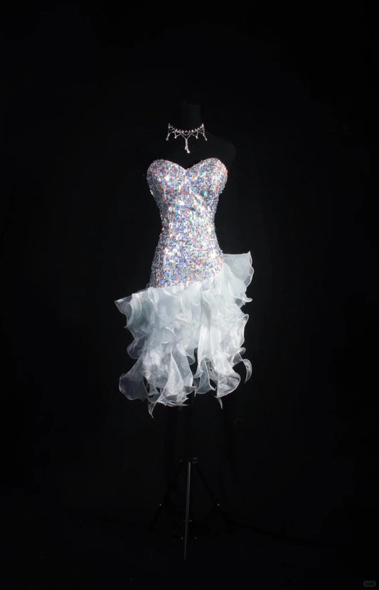 Glitter White Satin Tulle Ruffle Sequin Beaded Mini Birthday Outfits,Sweetheart Neck Sheath Short Cocktail Dress SP2835