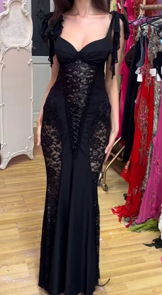 Sexy Black Lace Mermaid Evening Dress Long Prom Dress Y7821