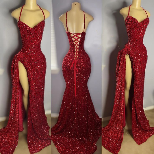 Sexy High Slit Halter Sleeveless Sparkly Red Sequin Long Prom Dresses for Black Girls Y5990