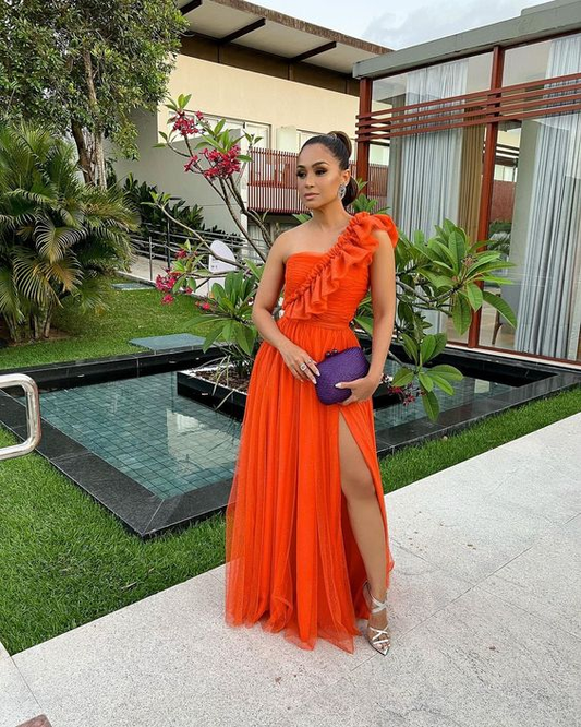 Elegant One Shoulder Orange A-line Tulle Prom Dress With Split Y6150