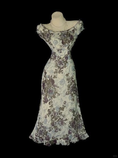 Vintage Sleeveless Chiffon Print Floral Mermaid Long Party Dress Evening Gown SP4043