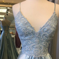 Light Blue Lace Lace-Up Back A-Line Prom Dress with Slit Y7424