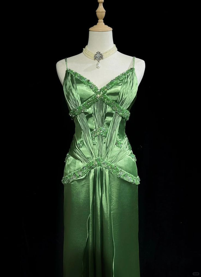Chic Spaghetti Straps Green Satin Beaded Mermaid Long Party Dress Formal Prom Gown SP365