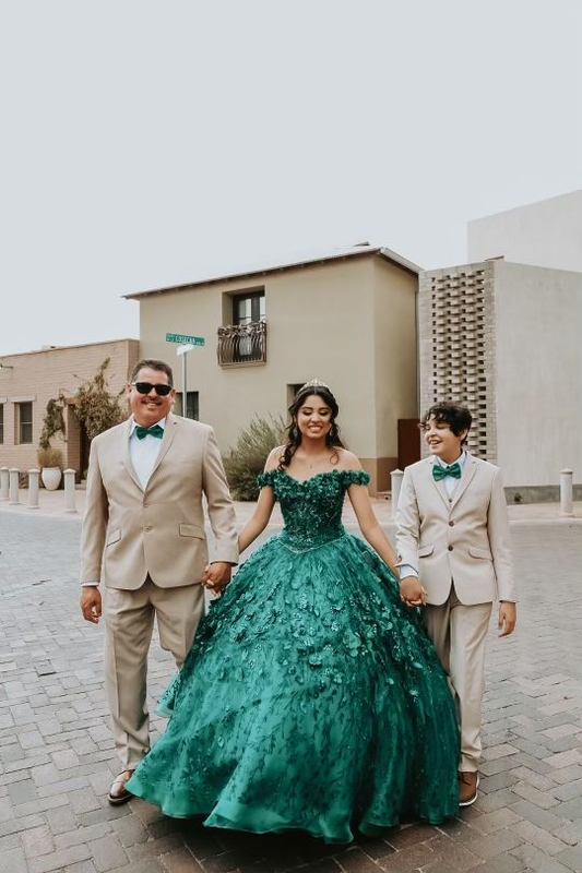 Off the shoulder emerald green ball gown with floral decor Y4153