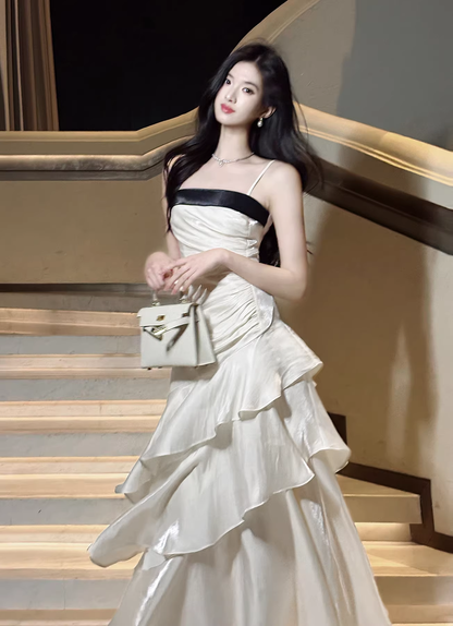 Charming Spaghetti Straps Satin Pleated Ruffles Mermaid Long Party Dress Birthday Prom Dress SP2009