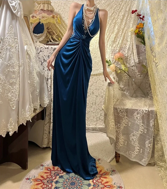 Sexy Navy Blue Halter V Neck Satin Pleated Beaded Mermaid Party Dress Long Wedding Guest Dress SP408