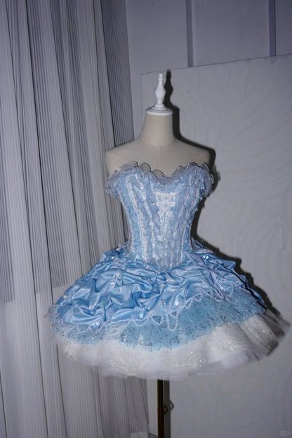Charming Blue Strapless Satin Lace Sequin A Line Short Homecoming Dress Birthday Dress SP4217