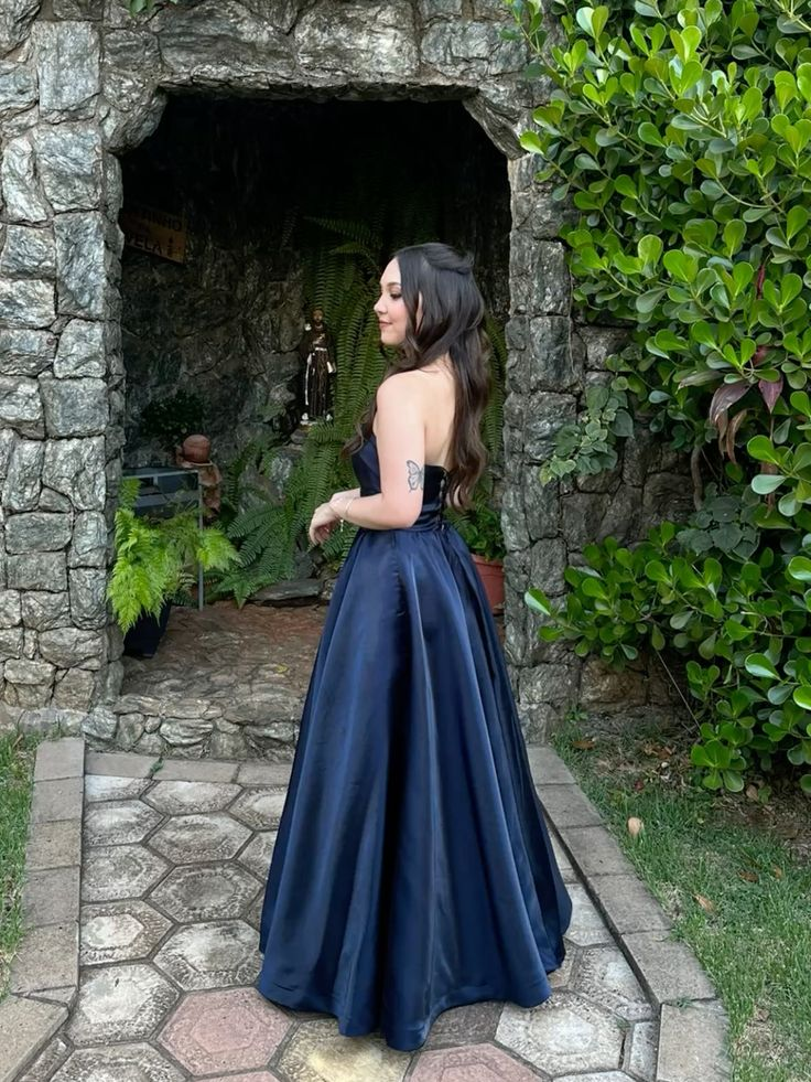Classy Navy Blue Satin Long Party Dress Strapless Birthday Prom Dresses SP4233