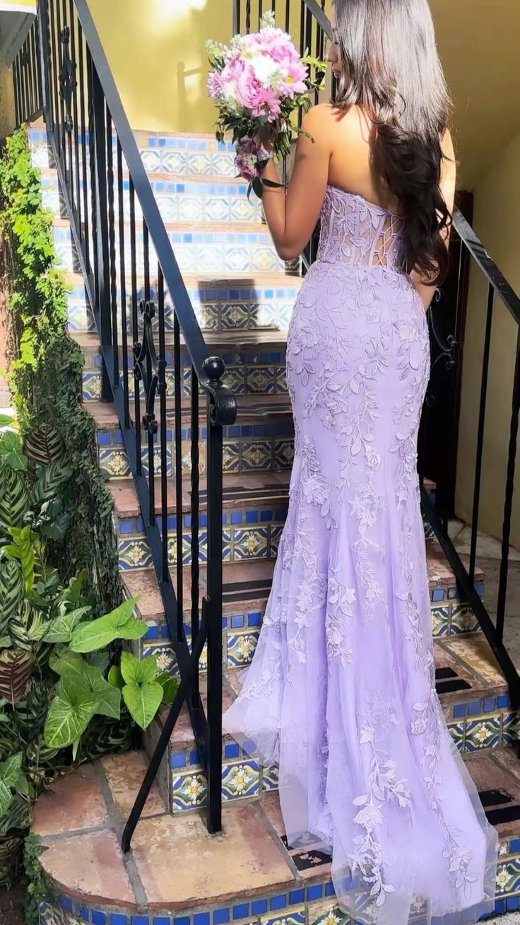 Purple Strapless Tulle Lace Appliques Evening Dress Mermaid Prom Dres Y7910