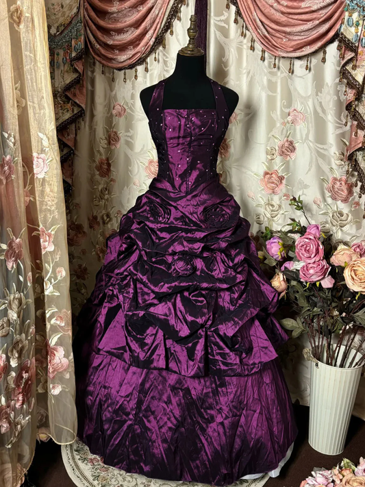 Retro Purple Ball Gown Satin Pleated Beaded Formal Quinceanera Dress SP1388