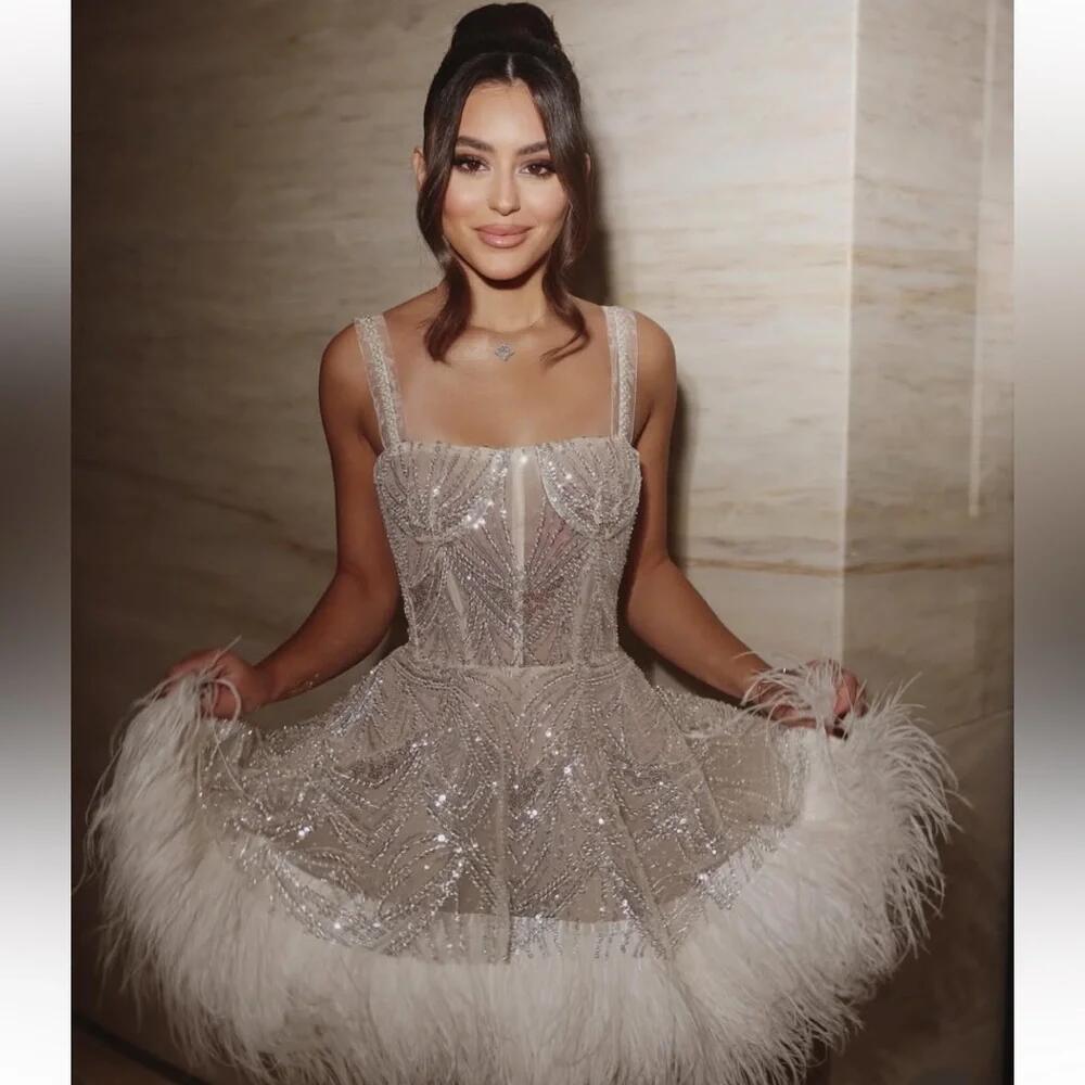 Sparkly Spaghetti Straps Tulle Beaded Feathers Mini Homecoming Short Prom Dress SP3138