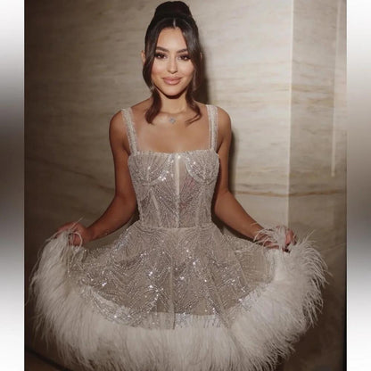Sparkly Spaghetti Straps Tulle Beaded Feathers Mini Homecoming Short Prom Dress SP3138
