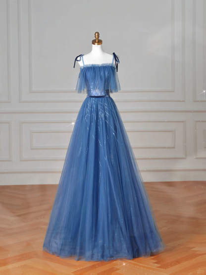 Pretty Blue Spaghetti Straps Tulle Sequins A Line Prom Dress Evening Dress Y8634