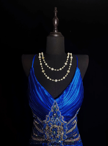 Gorgeous Royal Blue Spaghetti Straps Satin Pleated Sequin Beaded Mermaid Prom Dress Backless Long Party Dress SP443