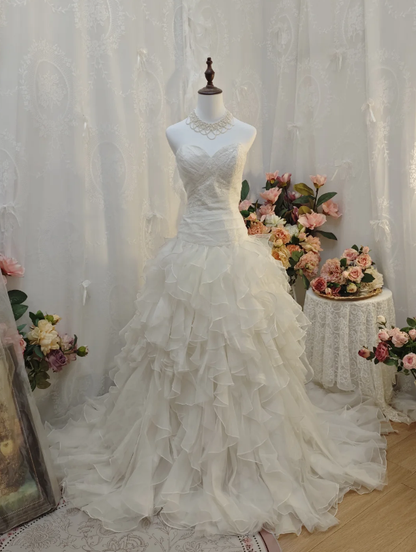 Pretty Strapless White Tulle Ruffles Long Wedding Dress Formal Bridal Dress SP2161