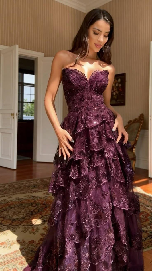 Charming Sweetheart Neck Tulle Lace Layered Mermaid Party Dress Purple Birthday Prom Gown SP2555