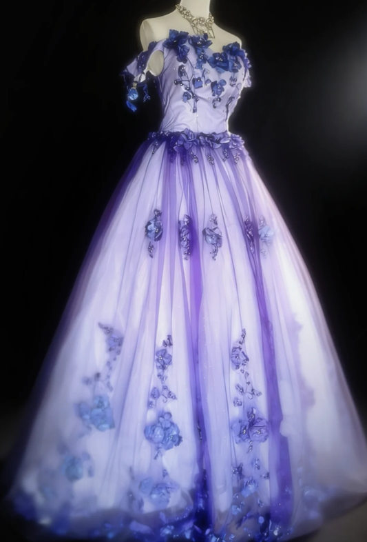 Princess Off The Shoulder Tulle Appliques Long Birthday Party Dress Prom Gown SP1622