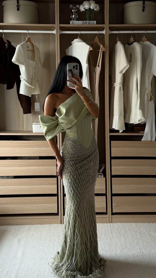 Unique Sage Green Off The Shoulder Satin Sequin Mermaid Long Evening Dress Birthday Prom Gown SP1474