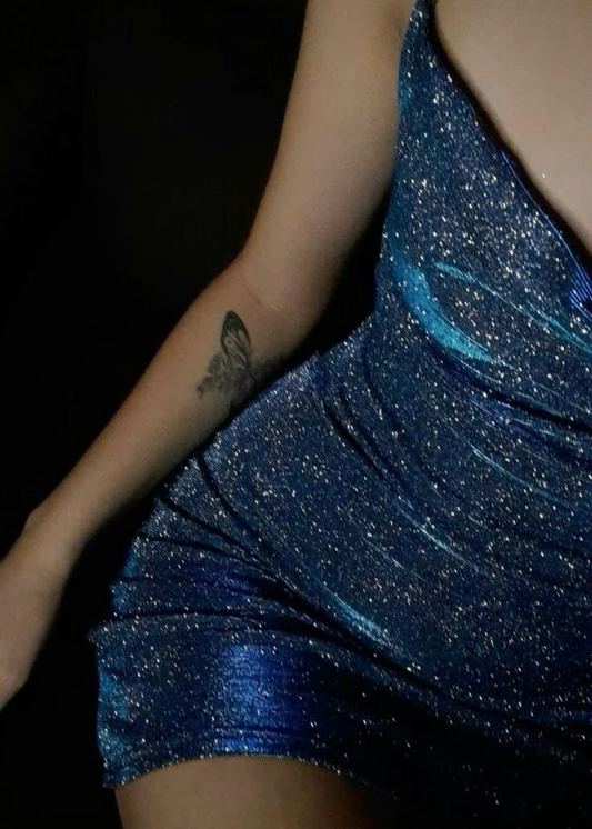 Sexy Spaghetti Straps Blue Satin Sequin Sheath Short Homecoming Dress Cocktail Dress SP2990