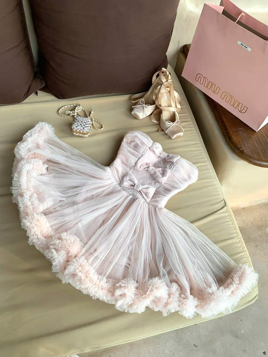 Glamorous Blush Pink Strapless Bow Homecoming Dress Ruffled Trim Fluffy Layered Tulle A-Line Mini Birthday Outfits SP2752