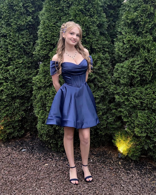 Stylish Off The Shoulder Satin A Line Short 16th Birthday Outfits ,Navy Blue Mini Homecoming Dress SP2779