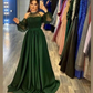Charming New Arrival Halter Long Sleeves Green Satin A-line Long Evening Party Prom Dresses Y5576