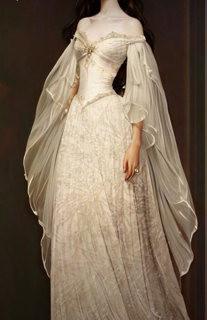 Vintage Off The Shoulder Chiffon Lace Evening Dress Long Prom Dress Y8391