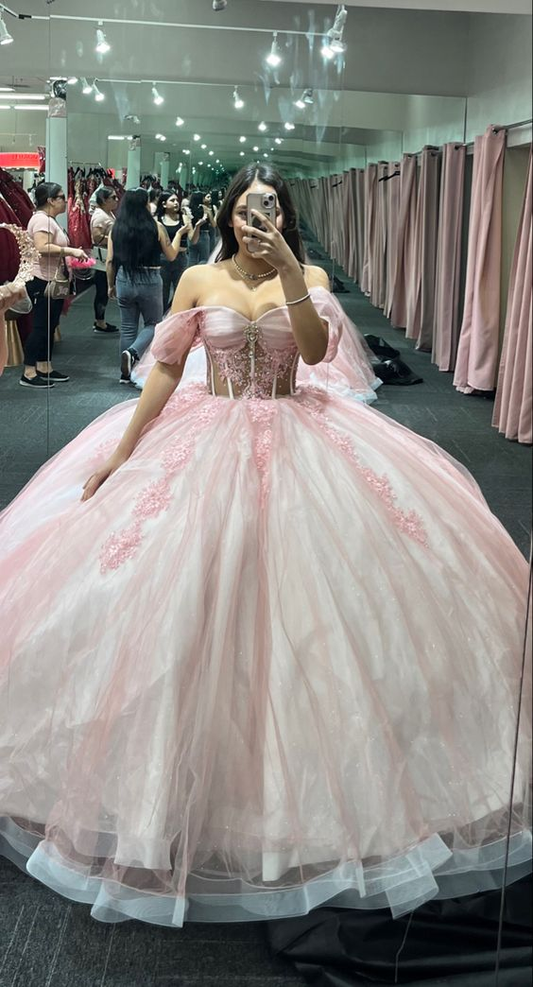 Pink Off The Shoulder Tulle Ball Gown,Pink Sweet 16 Dress Y5468