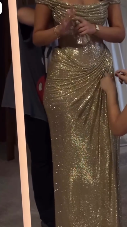 Glitter Off The Shoulder Gold Sequin Party Dress Long Wedding Guest Dress SP3412