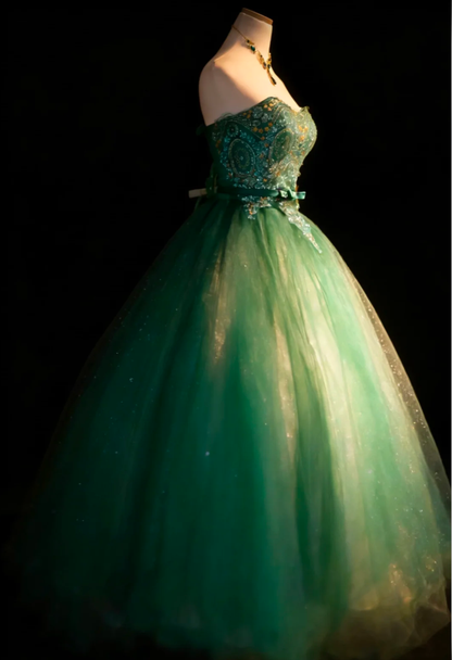 Chic Strapless Green Tulle Sequin Beaded Long Evening Dress Formal 16th Birthday Outfits SP1843