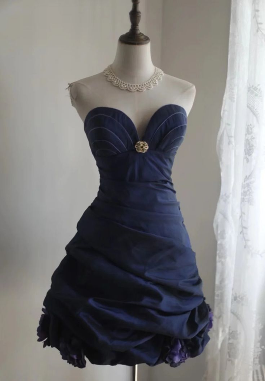 Vintage Sweetheart Neck Navy Blue Short Graduation Homecoming Dress Cocktail Dress Y9638