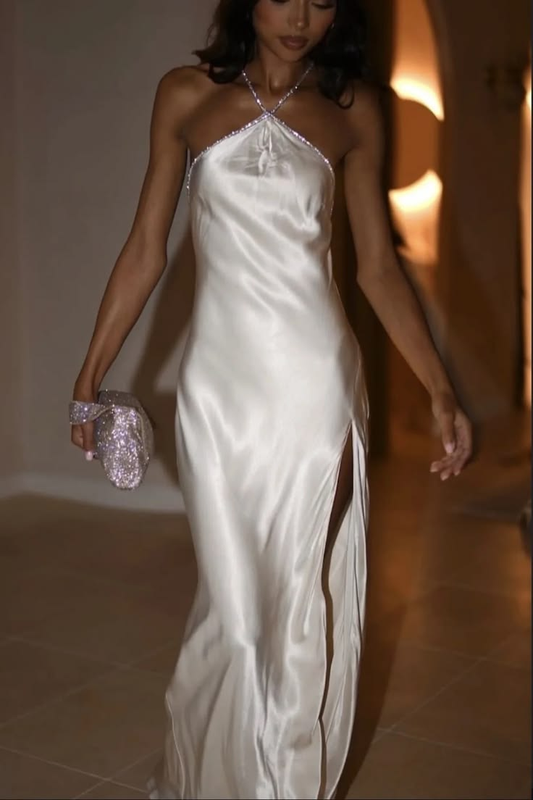 Trendy Sheath Halter Neck White Long Party Dress,Backless Slit Satin Beaded Long Evening Gown SP2489