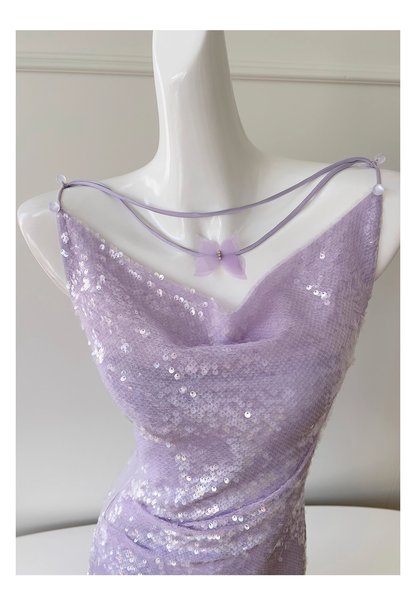 Sparkling Spaghetti Straps Purple Sequin Tulle Evening Dress Birthday Party Dress Y9027
