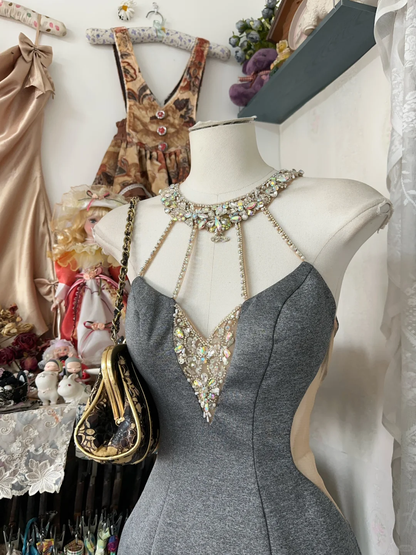 Sexy Sleeveless Satin Beaded Cocktail Dress Gray Short Sheath Birthday Outfits Homecoming Dress Y9008