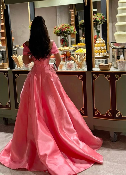 Beautiful Off The Shoulder Pink Sequin Beaded Satin Birthday Prom Dress Evening Gown SP734