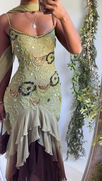 Classy Spaghetti Straps Sage Green Chiffon Beaded Mermaid Long Party Dress Birthday Outfits SP902