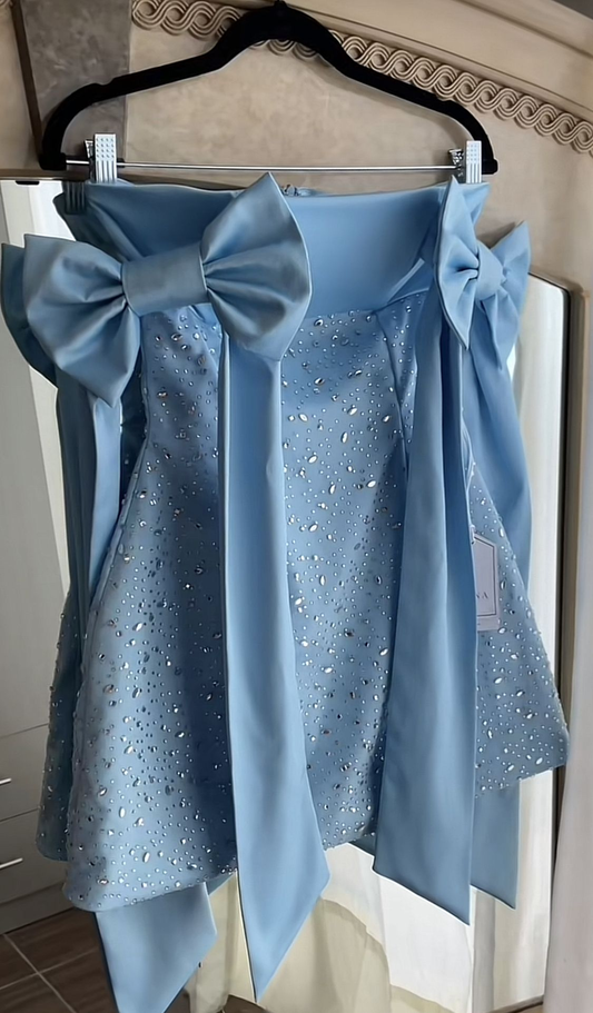 Pretty Blue Bow Straps Satin Beaded Short Homecoming Dress Birthday Outfits SP2647